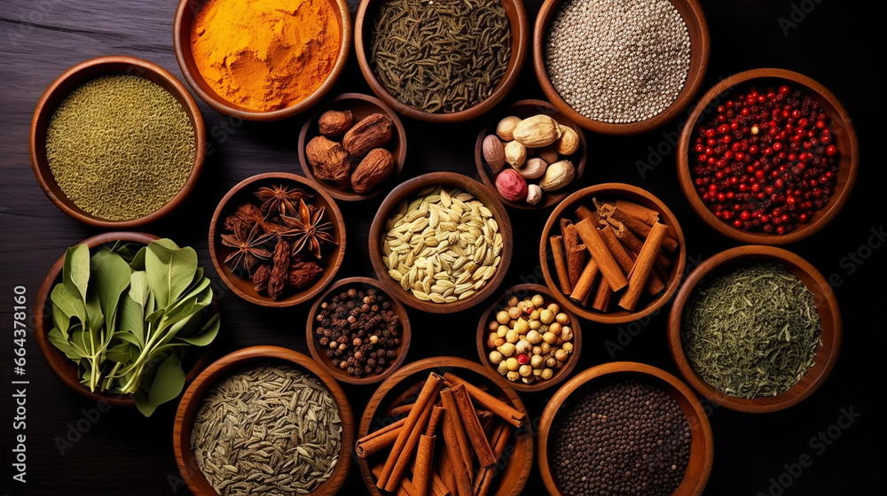 Collection of different aromatic spices and herbs in a wooden plates on dark background, view from above. Generative AI