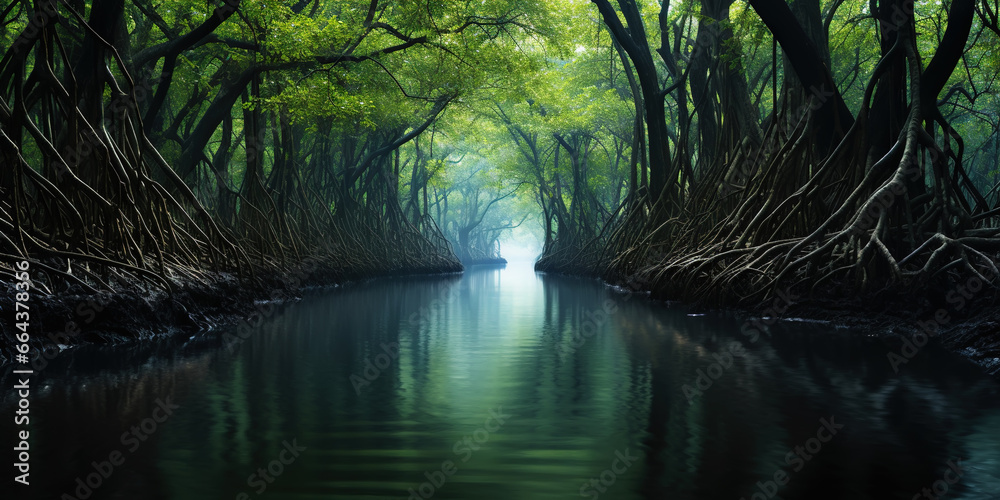 Mangrove forest and calm river in the morning. Minimalist landscape. Generative AI