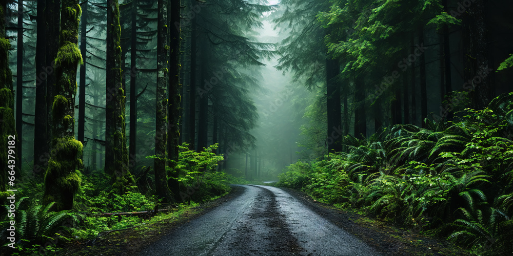 Misty road in fir forest. Minimalistic scenery. Generative AI