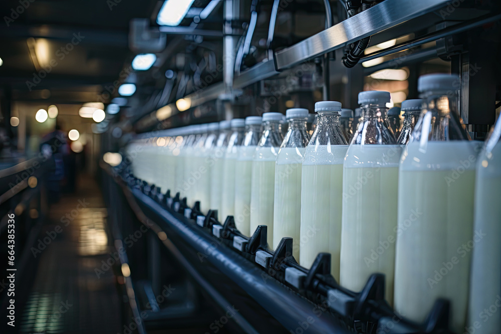 Close-up of beverage production line with industrial equipment.