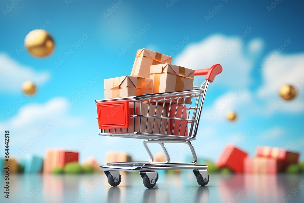 a fully filled shopping cart with a cloudy blue sky background