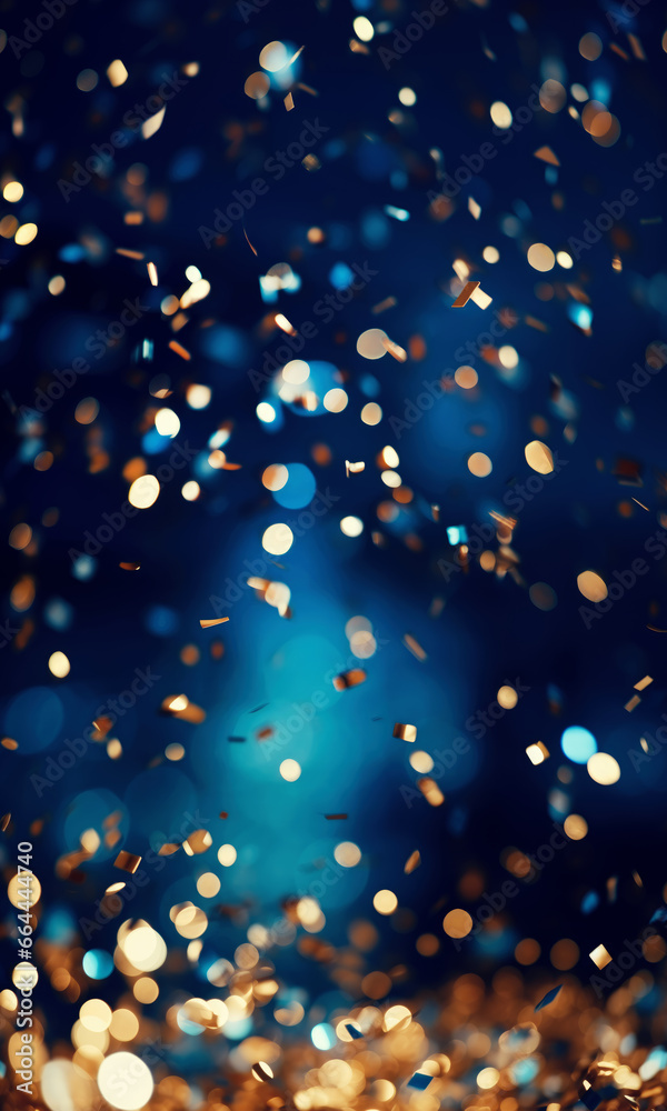 Glittering confetti in gold and blue. Background for the New Year and Christmas