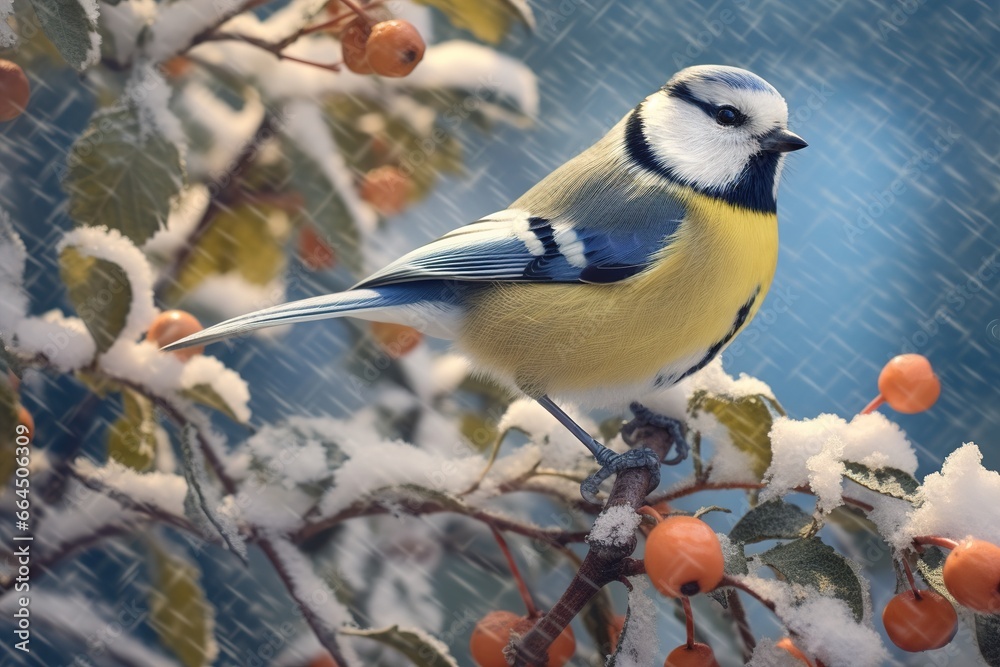 Bird Blue Tit in forest, snowflakes and nice lichen branch.