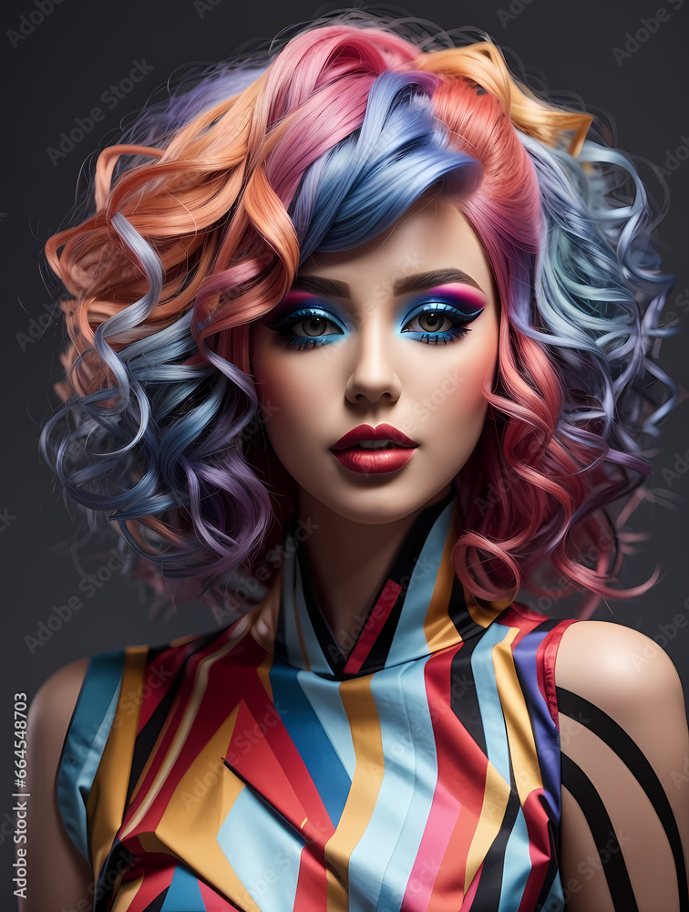 Beautiful woman with bright hair. Bright hair color, hairstyle with the curls.