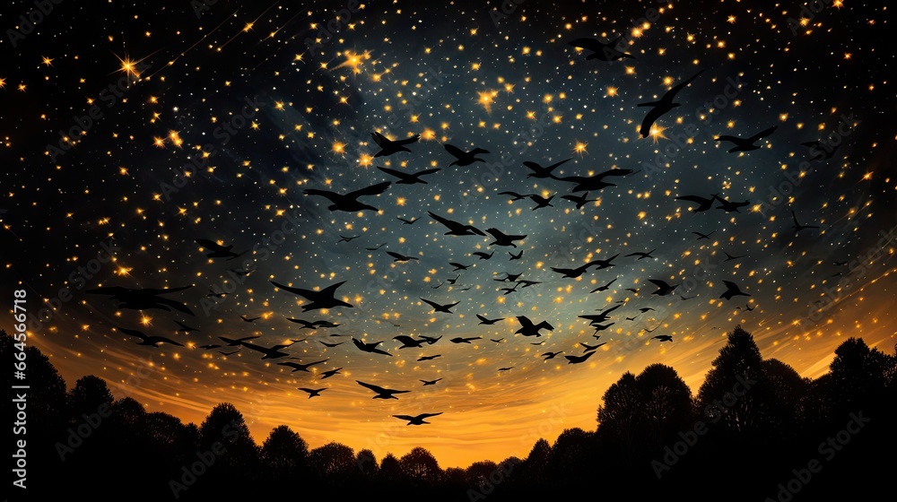  a flock of birds flying over a forest under a night sky.  generative ai