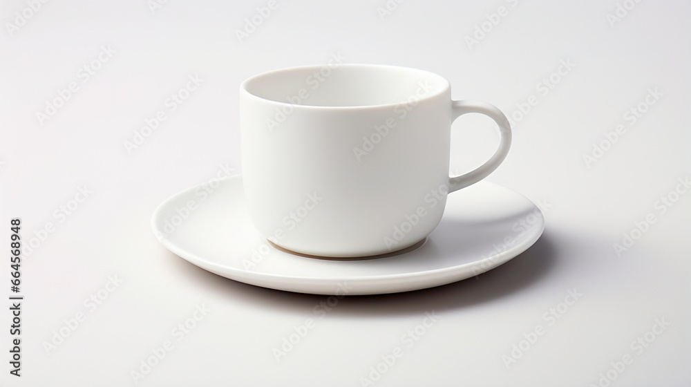  a white coffee cup and saucer on a white table.  generative ai