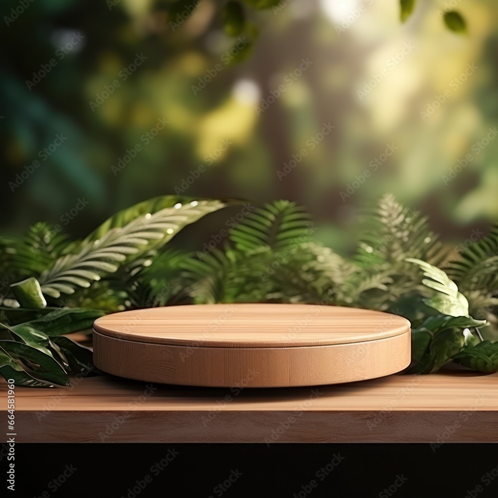 Empty wooden podium on natural background