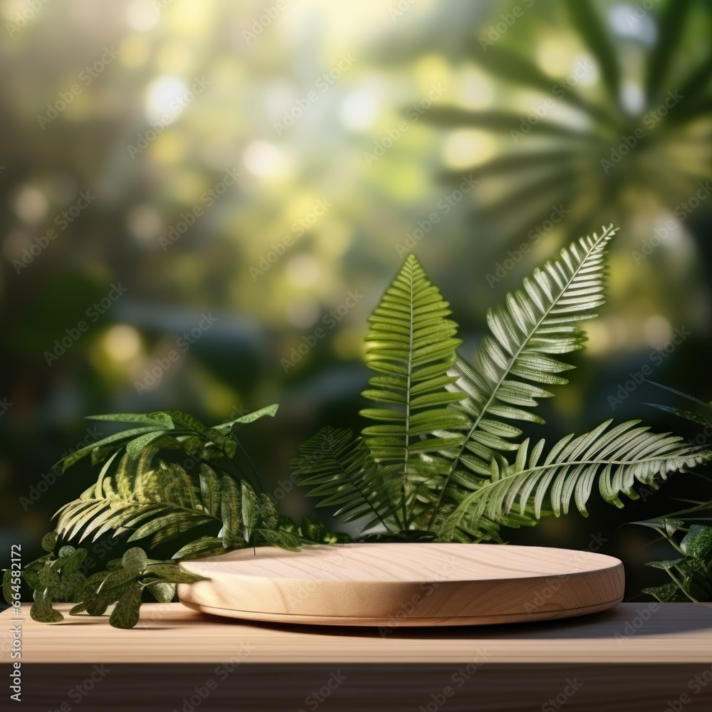 Empty wooden podium on natural background