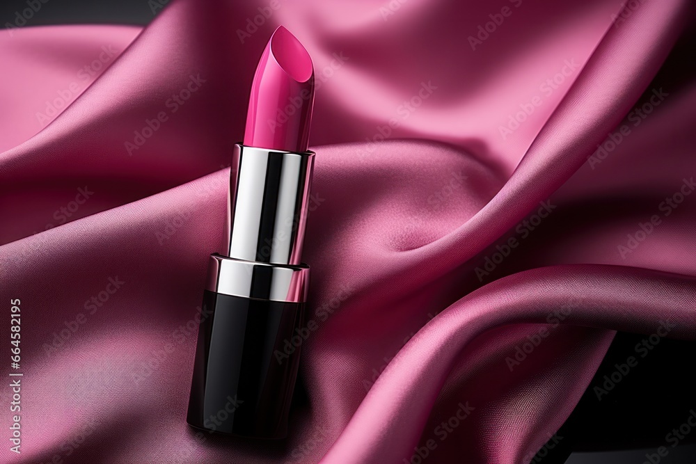 Pink lipstick on silk background