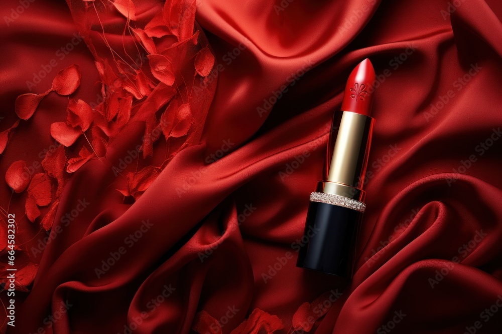 Red lipstick on silk background