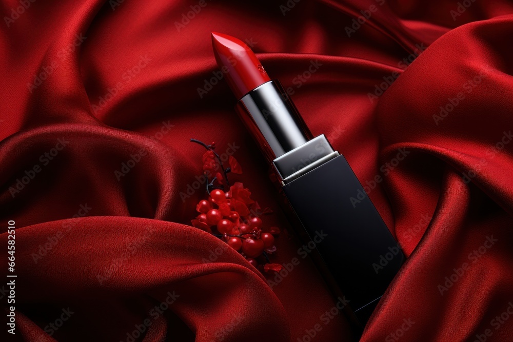 Red lipstick on silk background