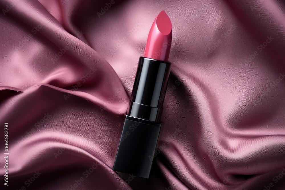 Pink lipstick on silk background