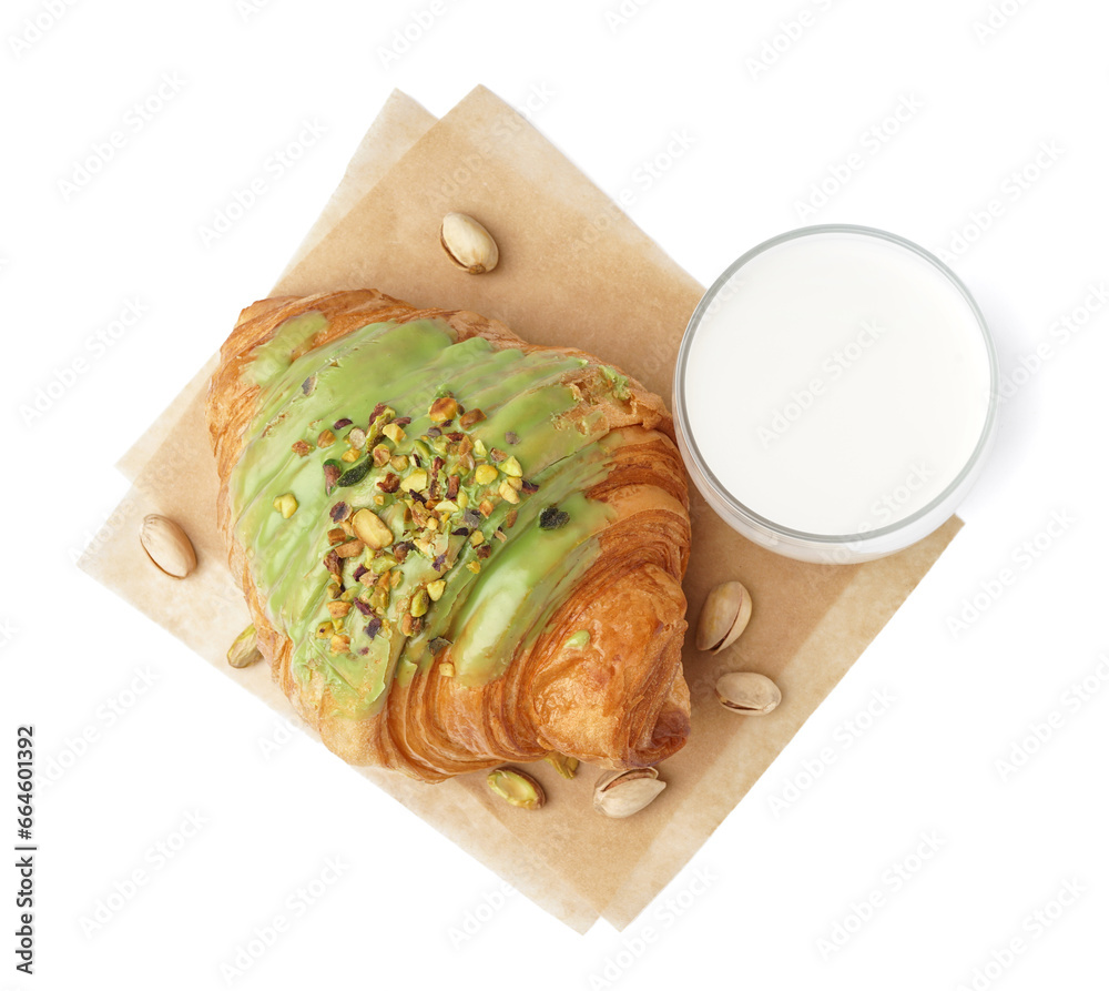 Tasty sweet croissant with glass of milk isolated on white background