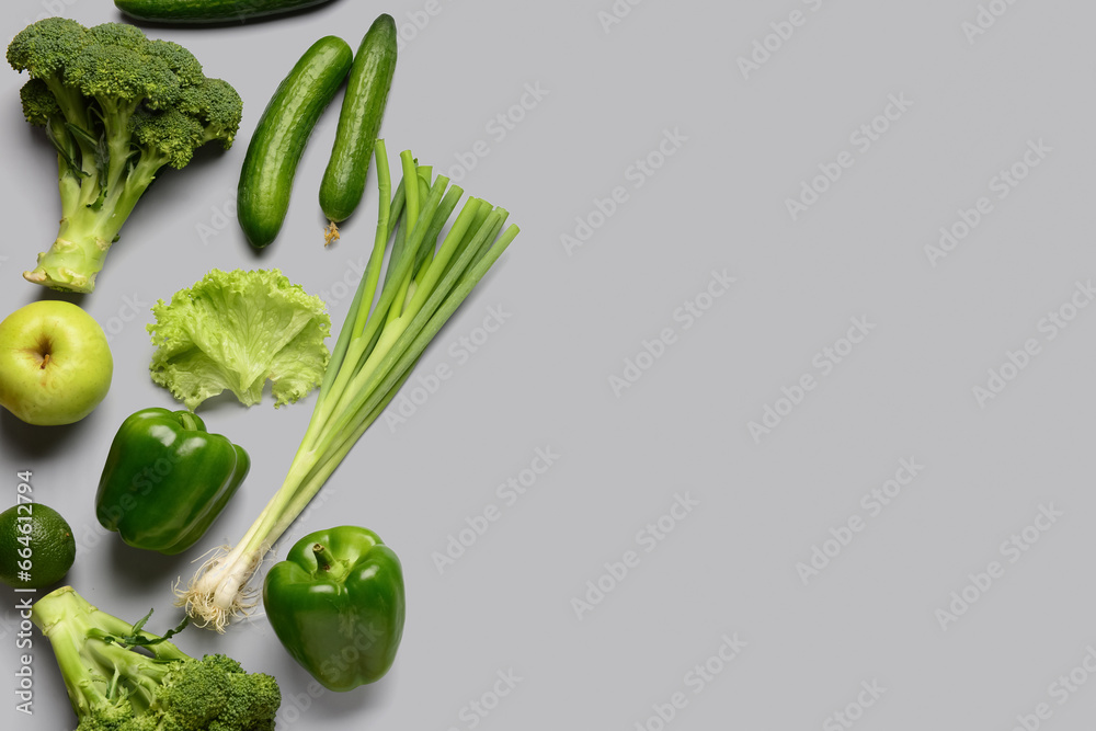 Fresh vegetables and fruits on white background