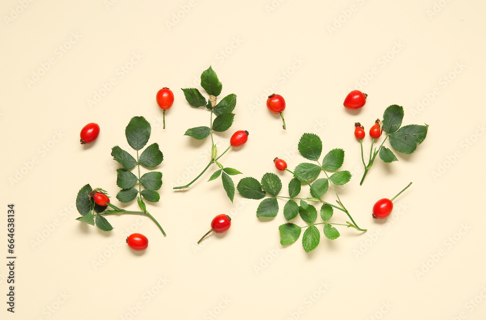 Fresh rose hip berries with leaves on beige background