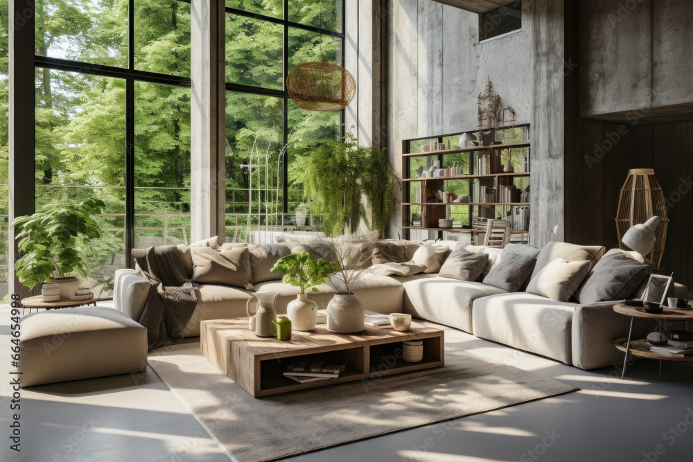 Corner sofa with coffee table against window in room with gray concrete walls. Loft style interior design of modern living room