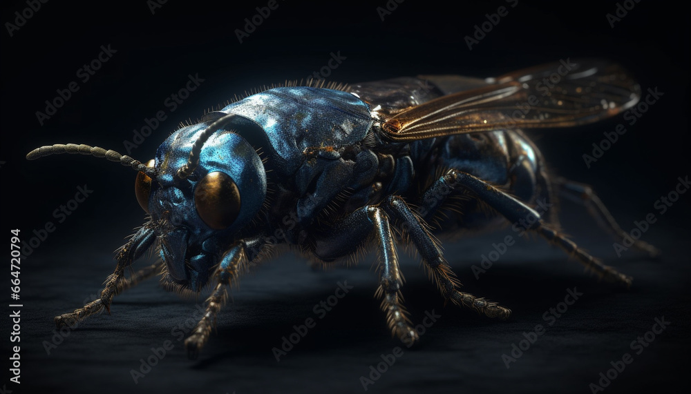 Close up of a small bee flying on a black background generated by AI