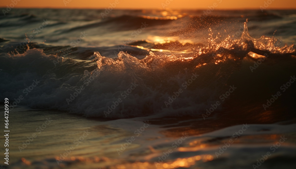 Sunset over tranquil seascape, waves breaking on sandy coastline generated by AI