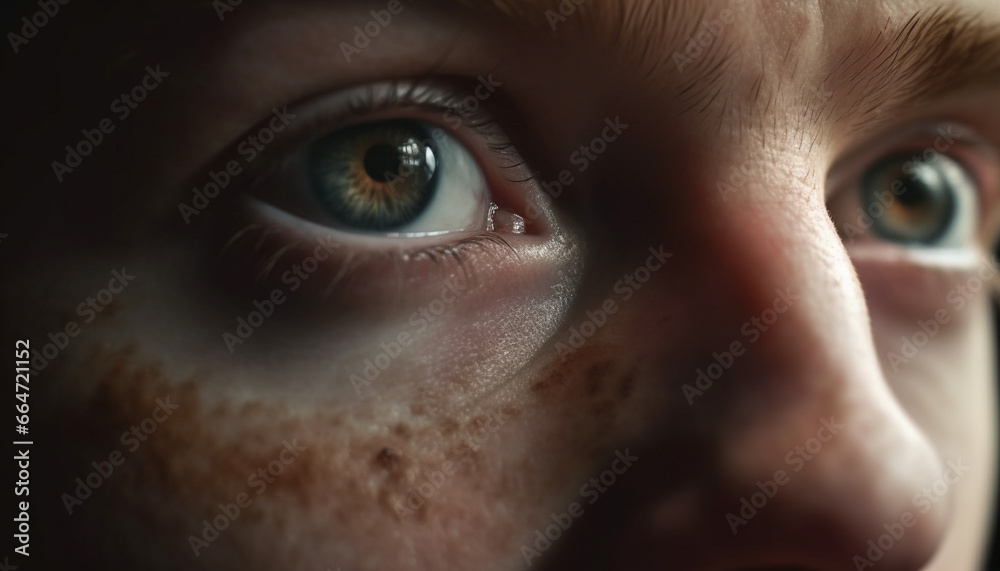 Close up of a child eye, looking at the camera with sadness generated by AI