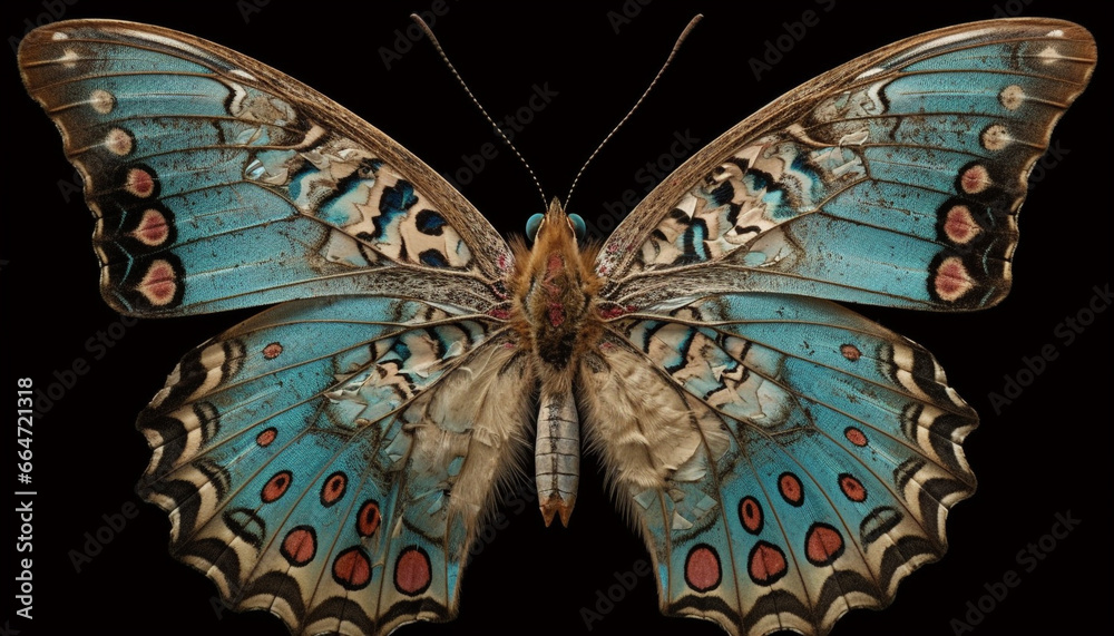 Butterfly wing, vibrant colors, on black, beauty in nature generated by AI