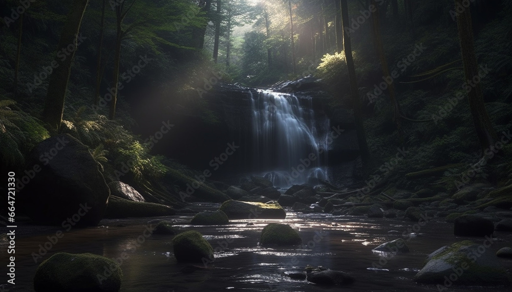 Tranquil scene: flowing water, green forest, mountain, autumn foliage generated by AI