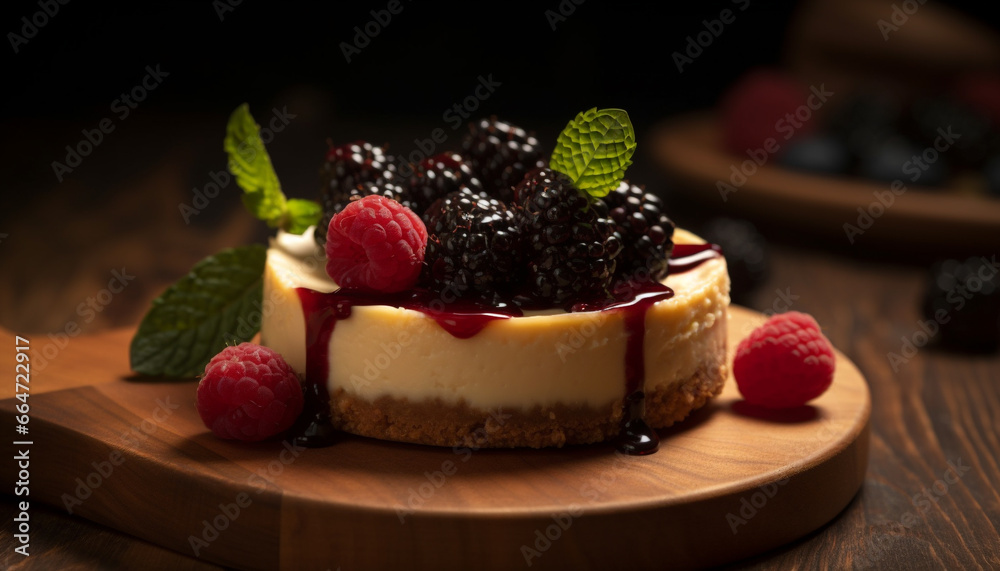 Raspberry dessert, gourmet sweet food, fresh berry on wooden table generated by AI