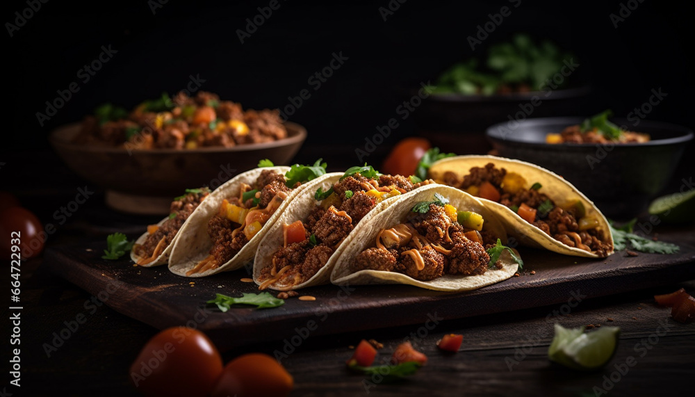 Grilled beef taco with fresh tomato, cilantro, and guacamole generated by AI