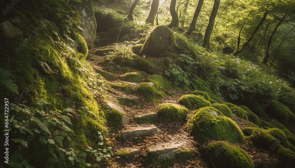 Tranquil scene of a green forest, with trees and footpath generated by AI