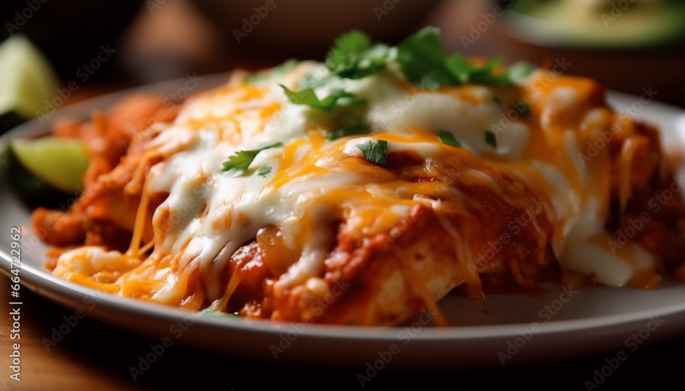 A savory homemade lasagna, cooked with fresh vegetables and mozzarella generated by AI