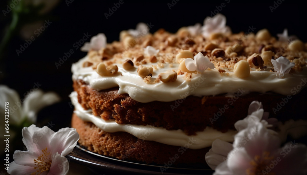 Freshly baked chocolate cake with creamy icing and candy decorations generated by AI