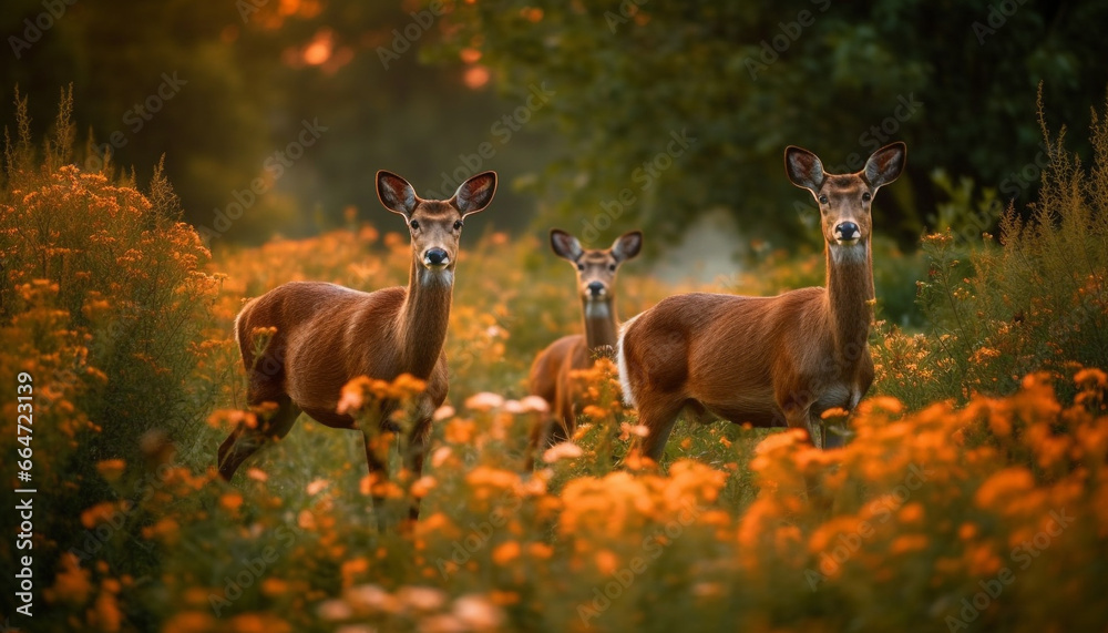 Young doe grazing in a meadow, surrounded by the beauty of nature generated by AI