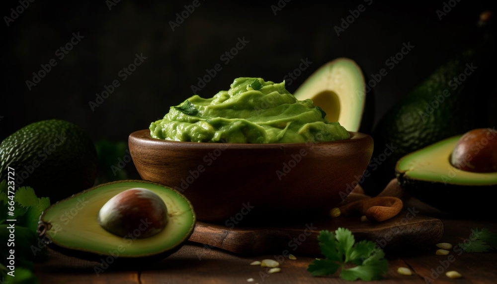 Freshness and nature in a bowl of healthy vegetarian guacamole generated by AI