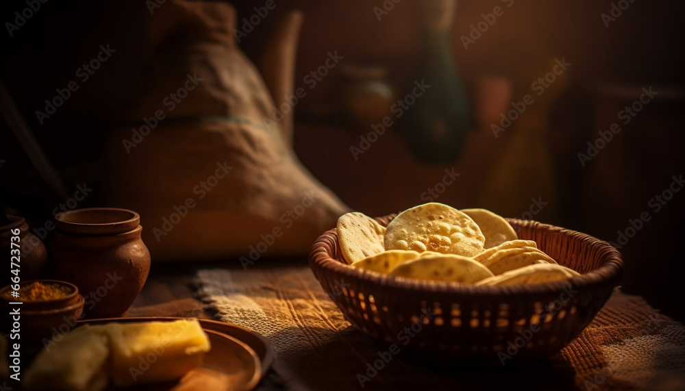 Freshness and rustic homemade meal on wooden table, a gourmet delight generated by AI