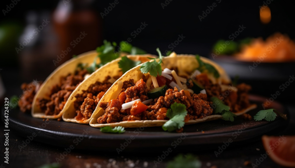 Freshness on a plate  grilled beef taco with homemade guacamole generated by AI