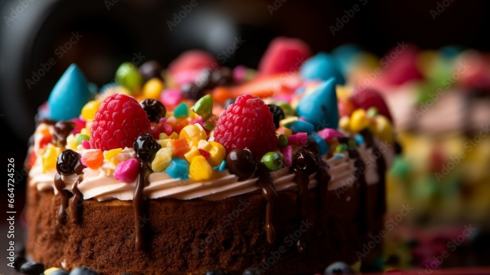 Homemade chocolate cake with raspberry and strawberry decoration, a sweet indulgence generated by AI