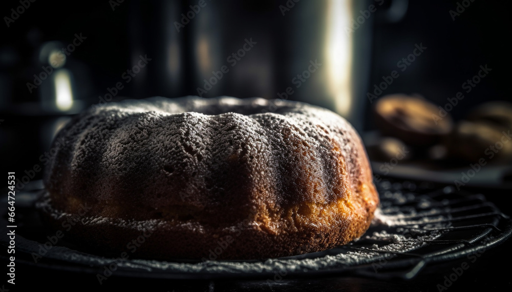 Freshly baked homemade chocolate muffin on a rustic plate generated by AI