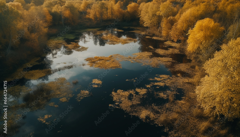 Tranquil scene  autumn forest reflects vibrant colors in water generated by AI