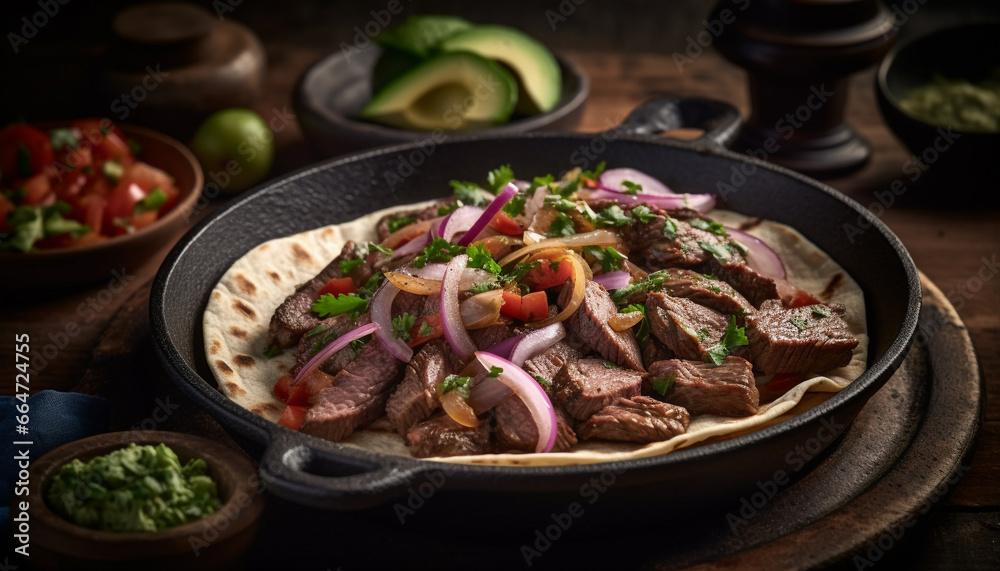 Grilled steak, fresh vegetables, homemade guacamole on rustic wooden plate generated by AI