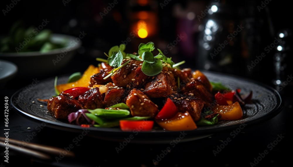 Grilled meat, fresh tomato, healthy salad, cooked on barbecue generated by AI