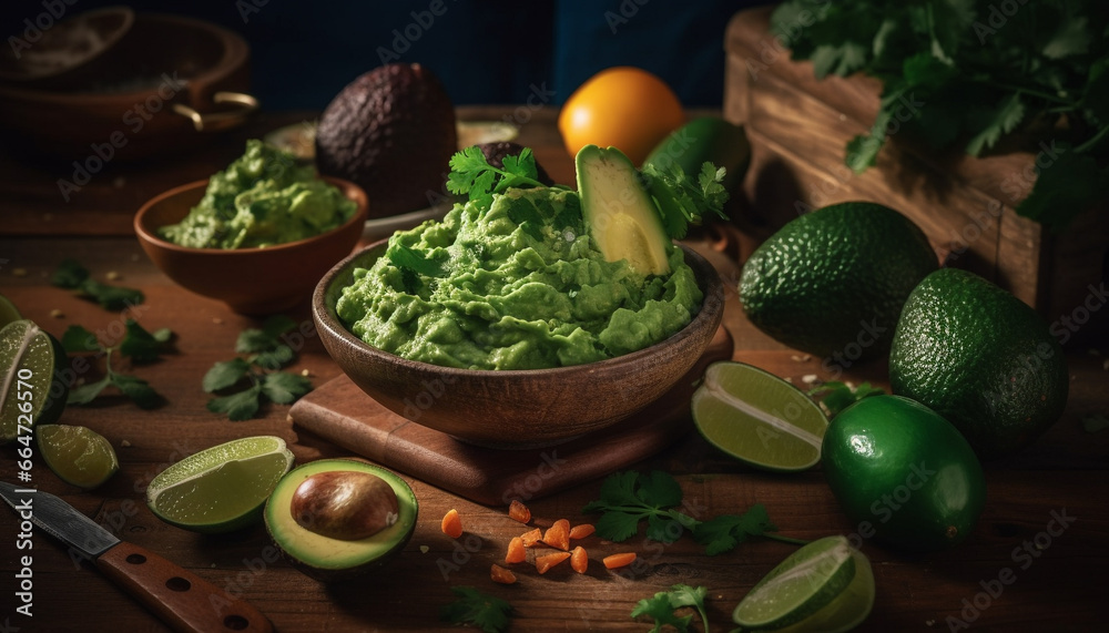 Freshness and nature in a bowl of organic guacamole generated by AI