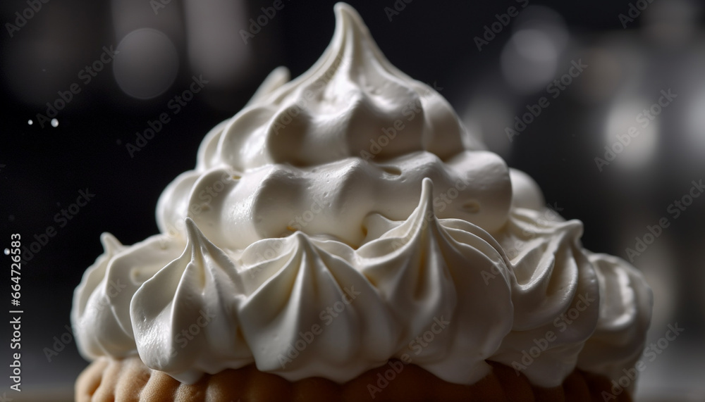 Freshly baked gourmet cupcake with creamy chocolate icing and whipped cream generated by AI