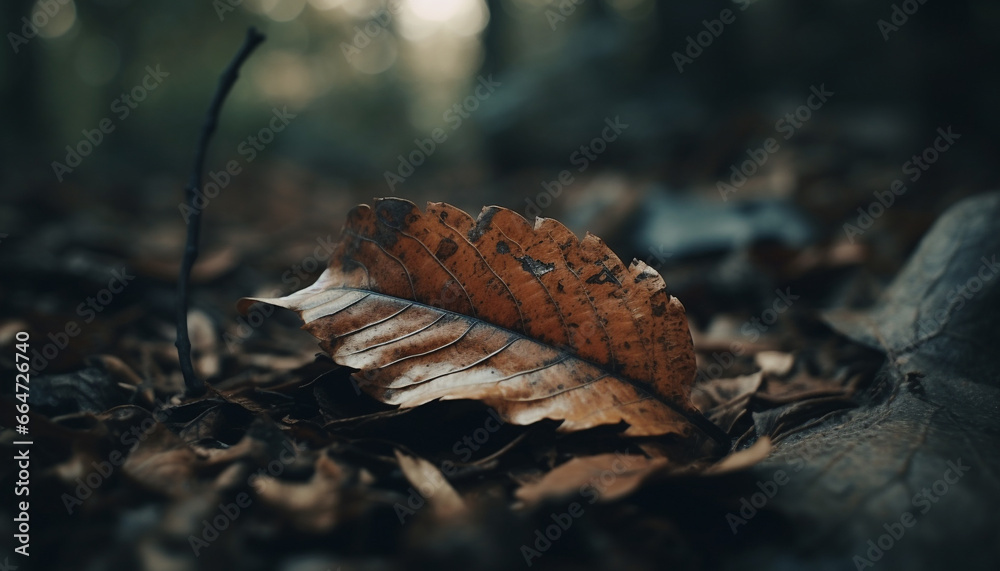 Tranquil scene  autumn forest, vibrant colors, falling leaves, selective focus generated by AI