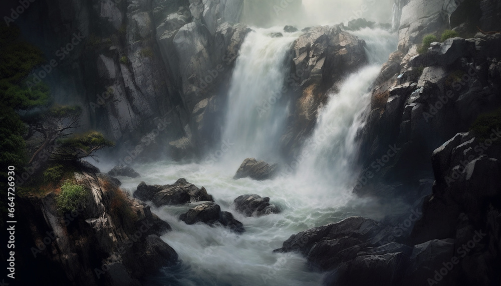 Tranquil scene  Majestic mountain range, flowing water, and lush green forest generated by AI