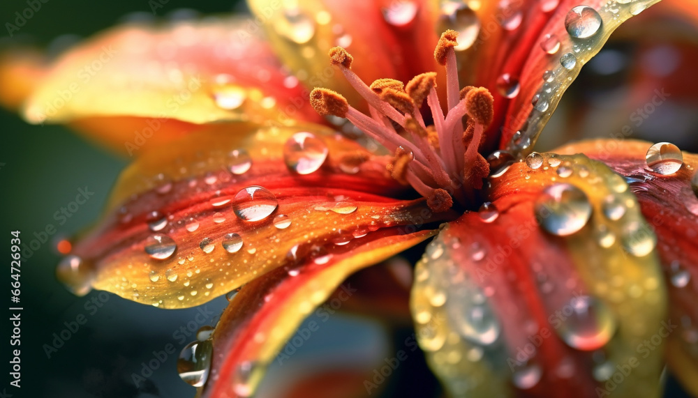 Vibrant purple daisy, wet with raindrop, reflects beauty in nature generated by AI