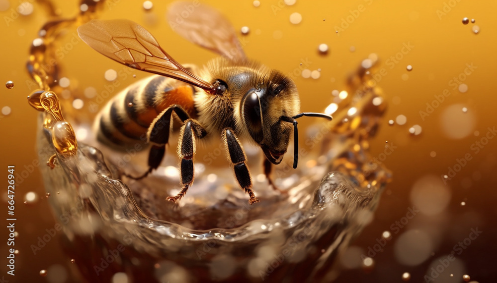 Bee in nature, flying, pollinating flower, collecting sweet honey generated by AI