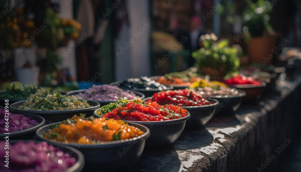 Freshness and variety of organic fruits and vegetables adorn the gourmet bowl generated by AI