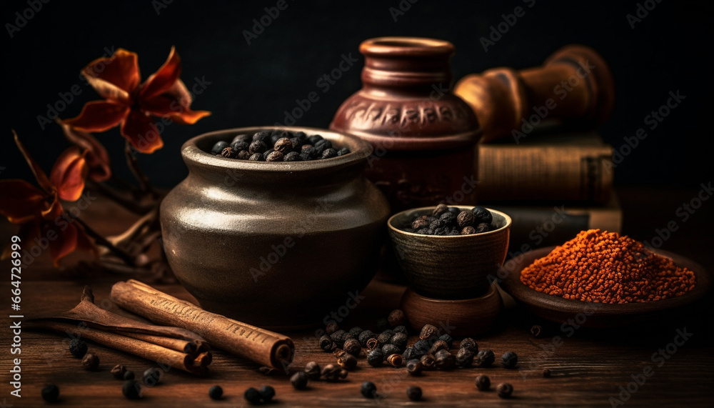 Spice, food, wood, dark table, nature, leaf, bowl, drink, seasoning generated by AI