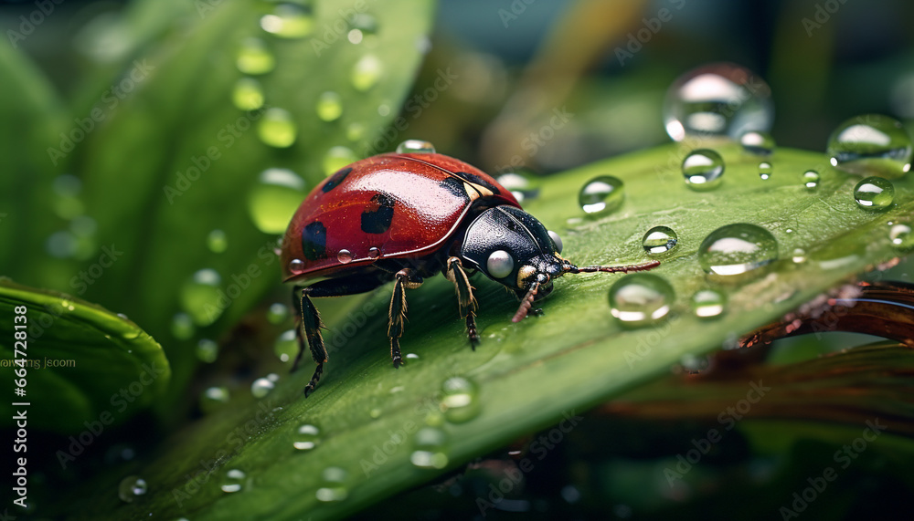 Small ladybug on green leaf, dew drop reflects nature beauty generated by AI