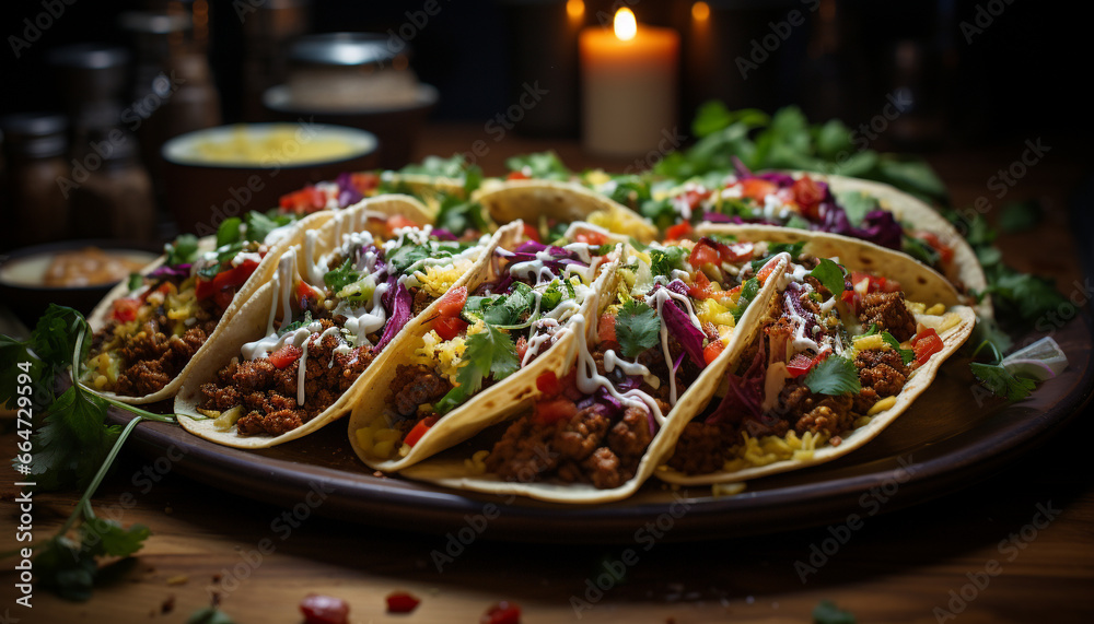 A delicious Mexican taco with grilled beef, guacamole, and fresh cilantro generated by AI