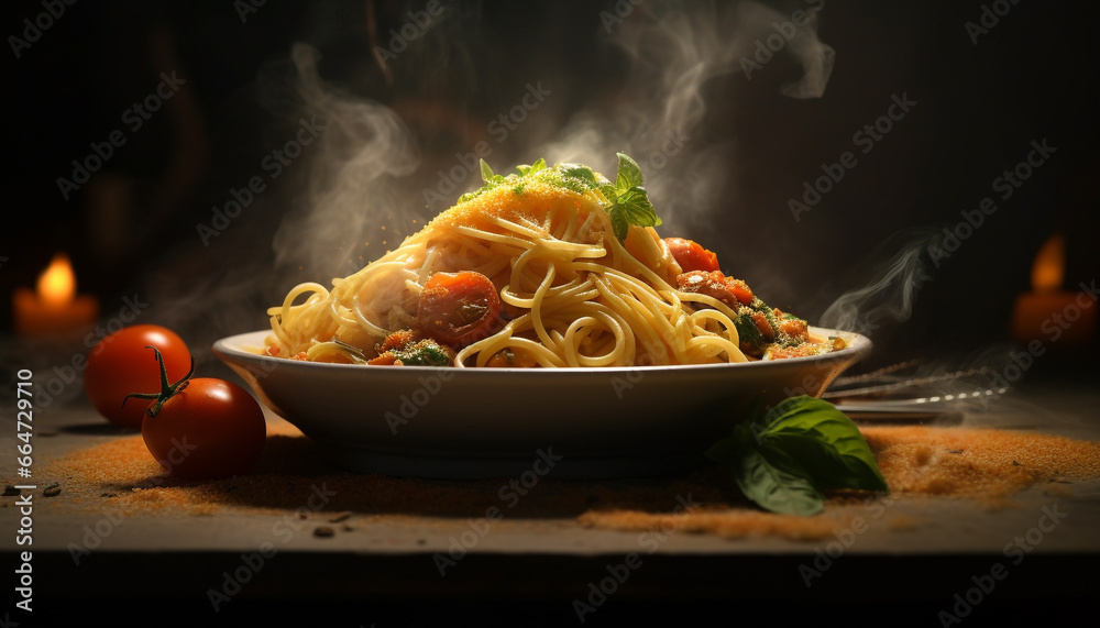 Fresh tomato pasta, a gourmet meal on a rustic wooden table generated by AI